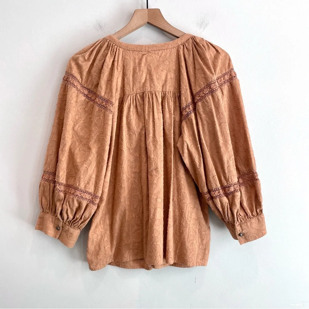 By Anthropologie Harmony Button Down Front Crochet Inset Puff Sleeve Top